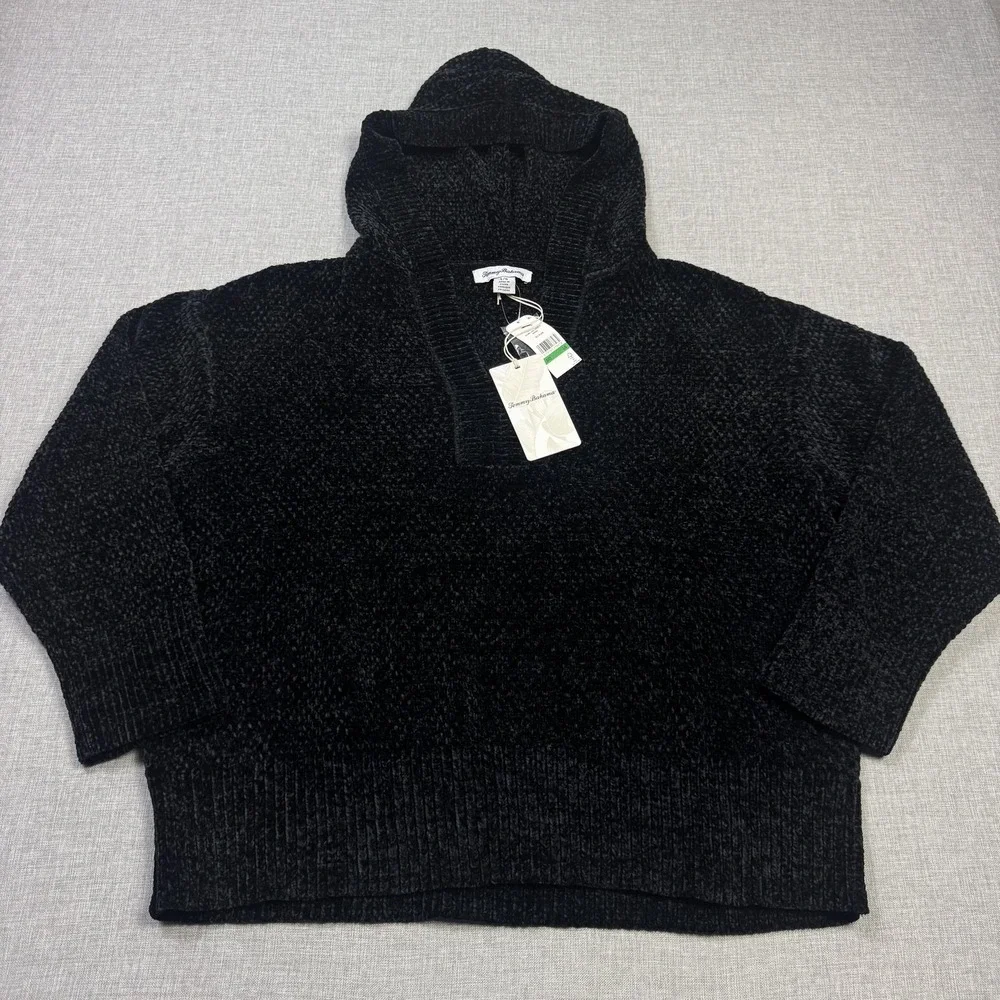 Tommy Bahama Island Luna Chenille Hooded Pullover Sweatshirt Womens Large Black